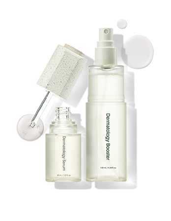 Skincare products including a spray bottle labeled 'Dermatology Booster,' a small dropper bottle labeled 'Dermatology Serum,' a sponge applicator, and several round white pads.