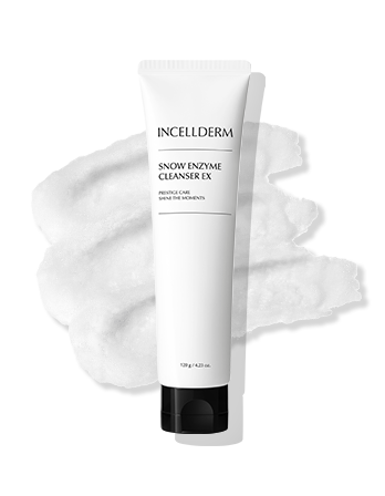 Tube of INCELLDERM Snow Enzyme Cleanser EX with a white background and a smear of white cream behind it.