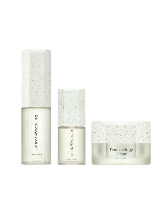 Three bottles of dermatology skincare products labeled 'Dermatology Booster,' 'Dermatology Serum,' and 'Dermatology Cream' with white speckled caps on a light background.
