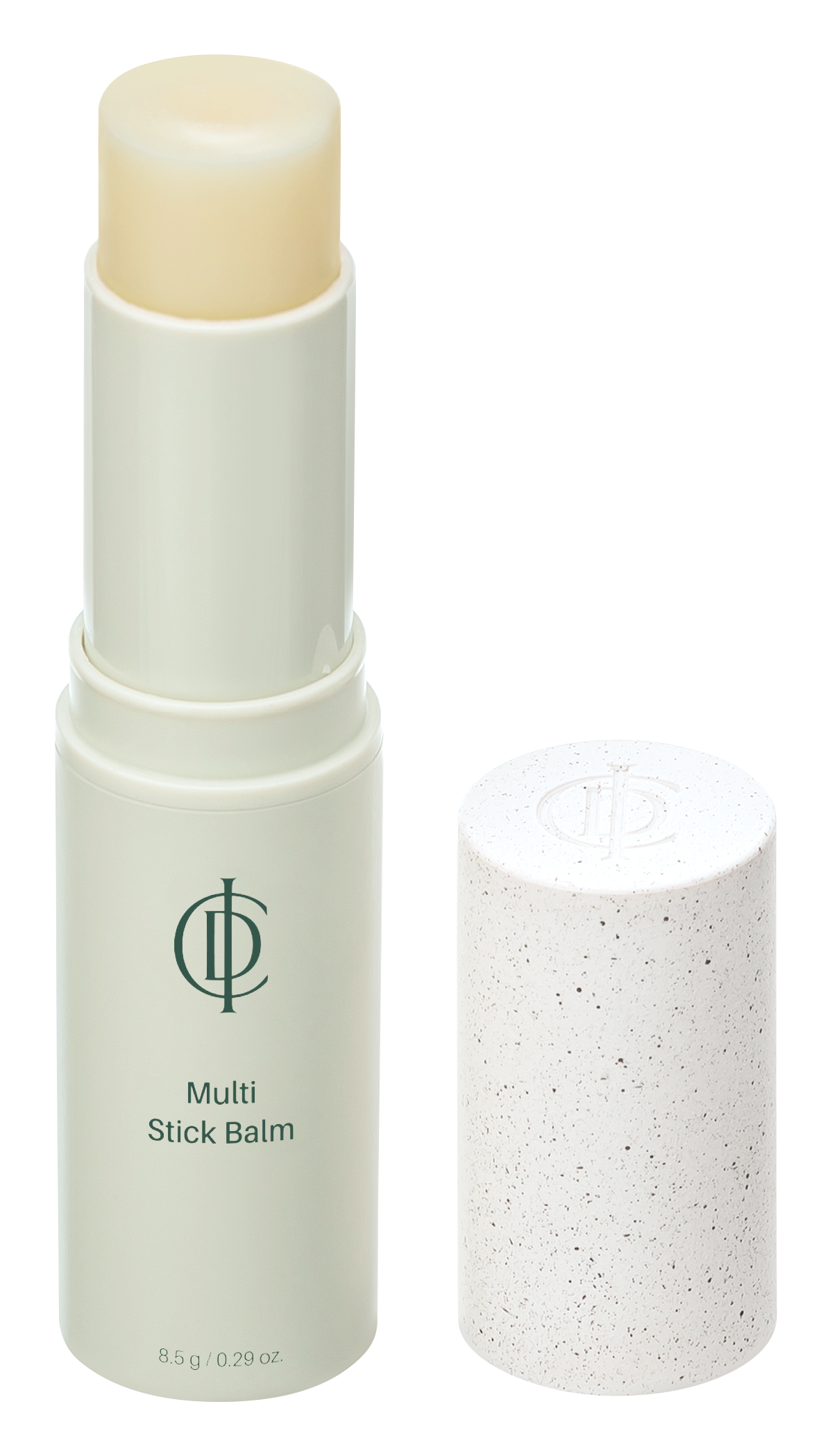 A white stick balm with a black logo, showing the text "Multi Stick Balm" and weight "8.5g / 0.29 oz." next to a large white mortar and pestle with the same black logo on its side.