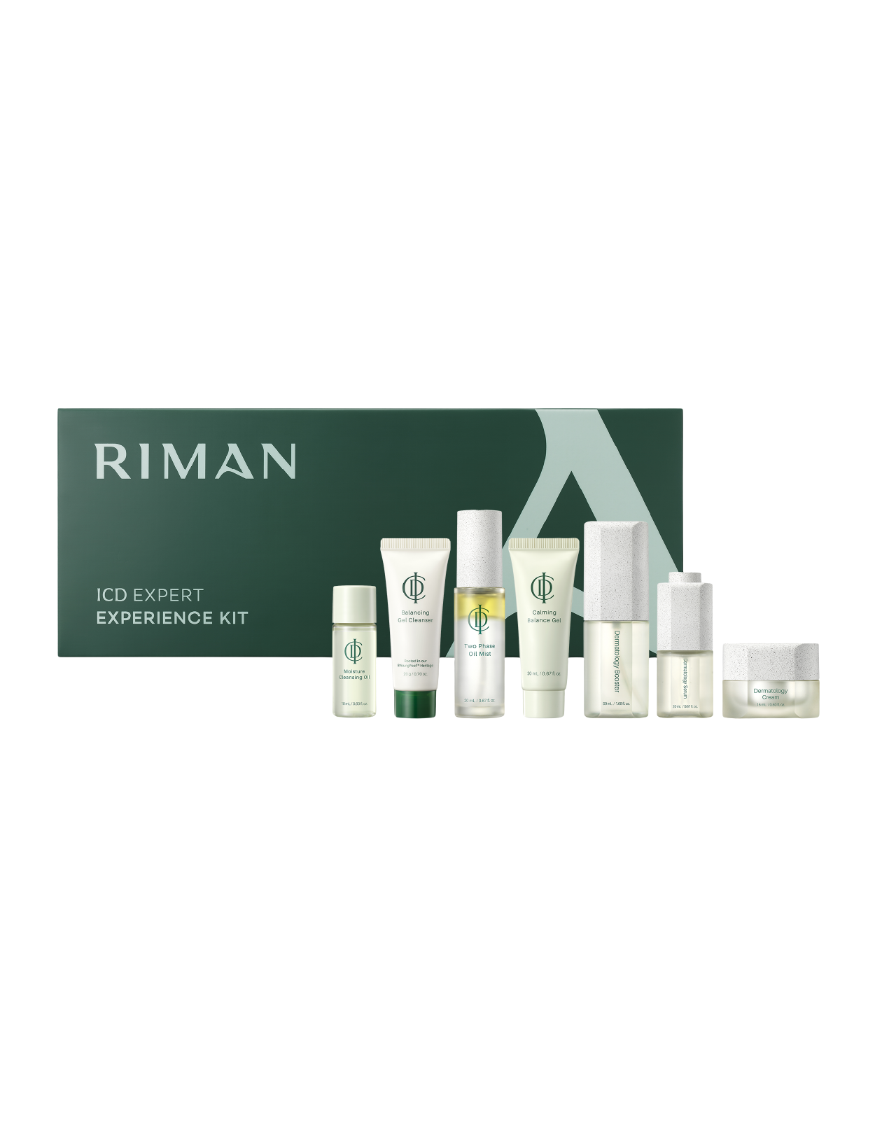 A skincare product kit consisting of bottles and jars, labeled with the brand name RIMAN, with a dark green box background.
