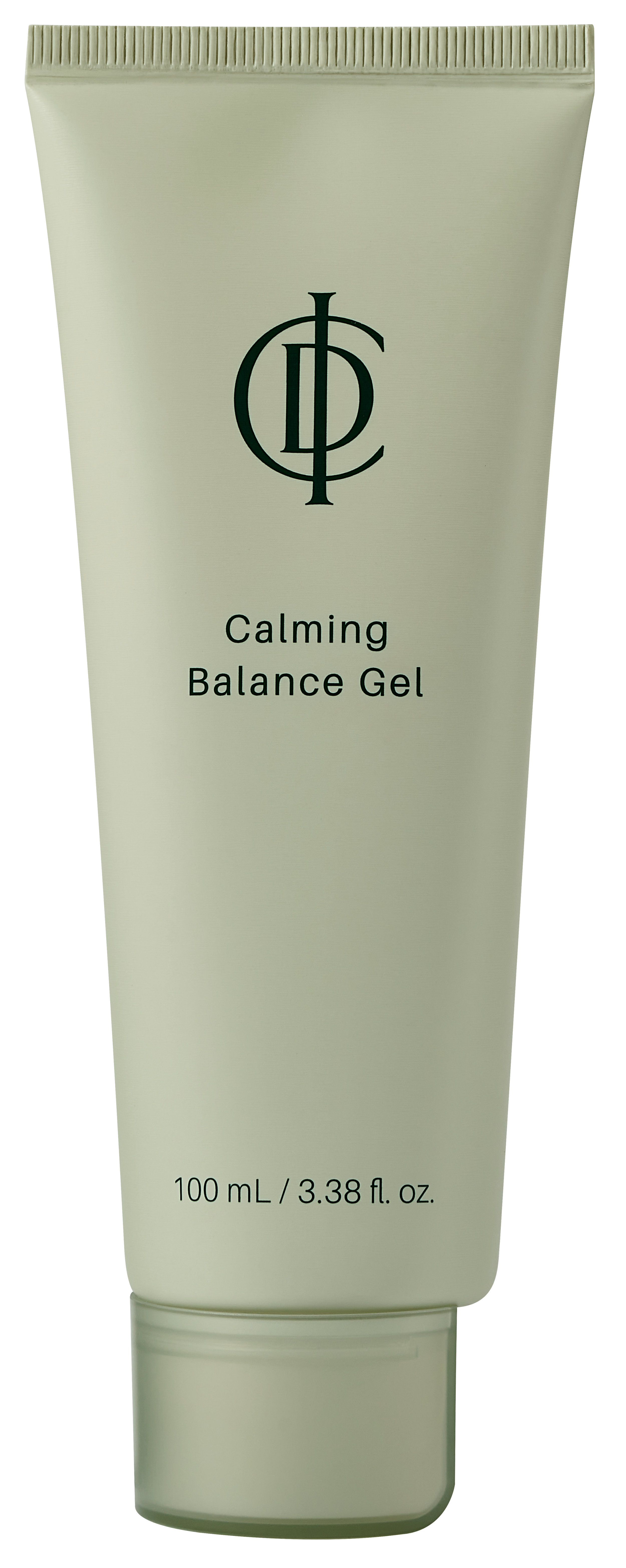 A tube of calming balance gel with a beige body and a ribbed cap, labeled with the brand's symbol and product name, containing 100 mL or 3.38 fl oz of gel.