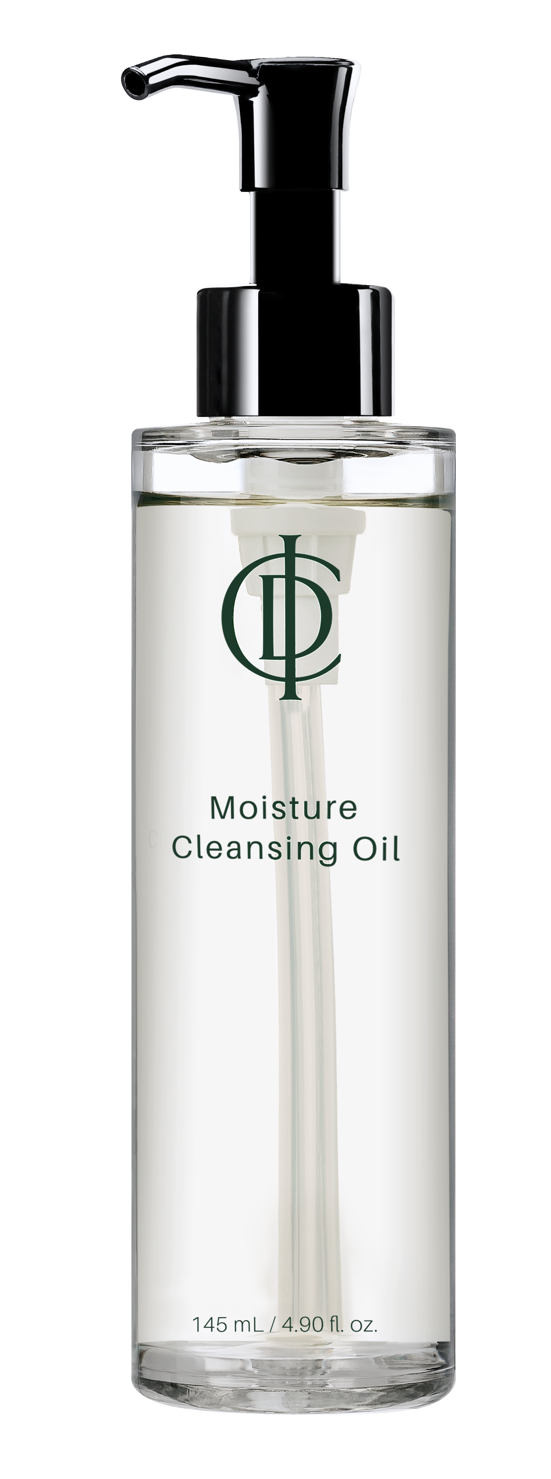 A clear bottle of moisture cleansing oil with a black pump dispenser and a white label that has a green logo and text reading 'Moisture Cleansing Oil', with a volume of 145 ml or 4.90 fl oz.