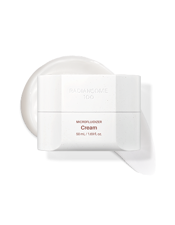 A jar of Radiance 100 Microfluidizer Cream with 50ml capacity, placed next to a sheet of paper with product information.