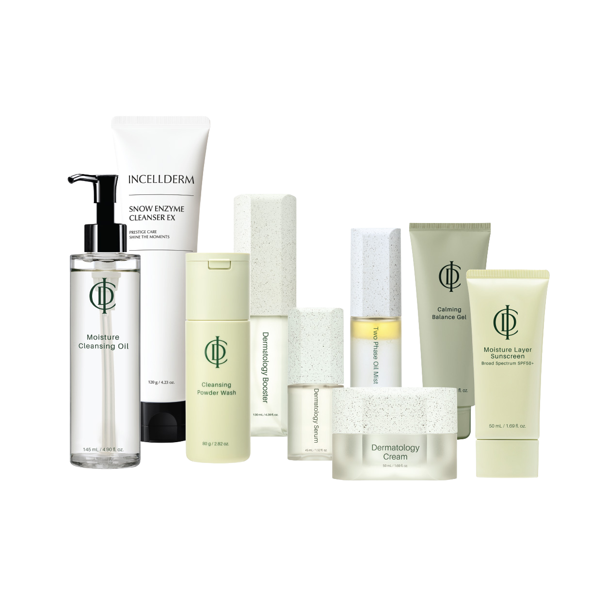 Skincare products including cleanser, oil, serums, creams, and sunscreen arranged on a black background.