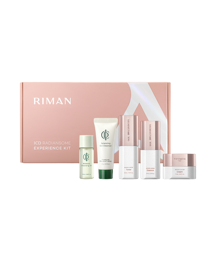 A pink RIMAN skincare set titled 'ICD RADIANSOME EXPERIENCE KIT' includes six products: a moisture cleansing oil, a balancing gel cleanser, a toner, an essence, and a cream, all arranged in front of a pink box.