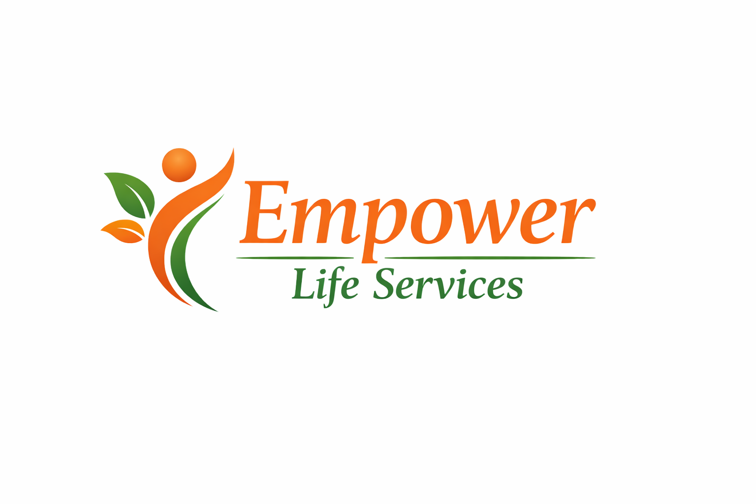 Logo for Empower Life Services featuring a stylized figure with a leaf on each side, in orange and green colors, accompanied by the text 'Empower' in orange and 'Life Services' in green.
