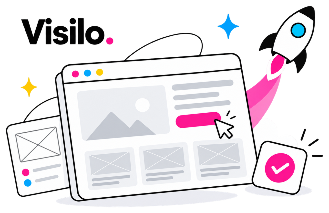 ux designed graphics of webpages in desktop and mobile and a rocket ship flying past with sparkles.