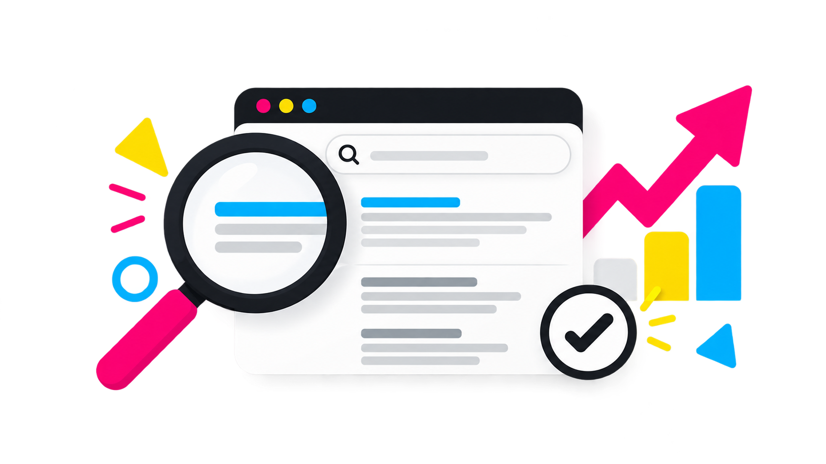 SEO illustration showing a search results page, magnifying glass, analytics bars, checkmark, and upward growth arrow representing improved website visibility and search performance.