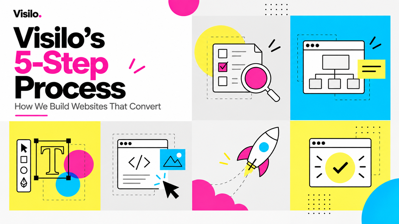 Visilo’s 5-Step website design process illustrated with colorful vector graphics representing planning, design, development, launch, and website optimization.