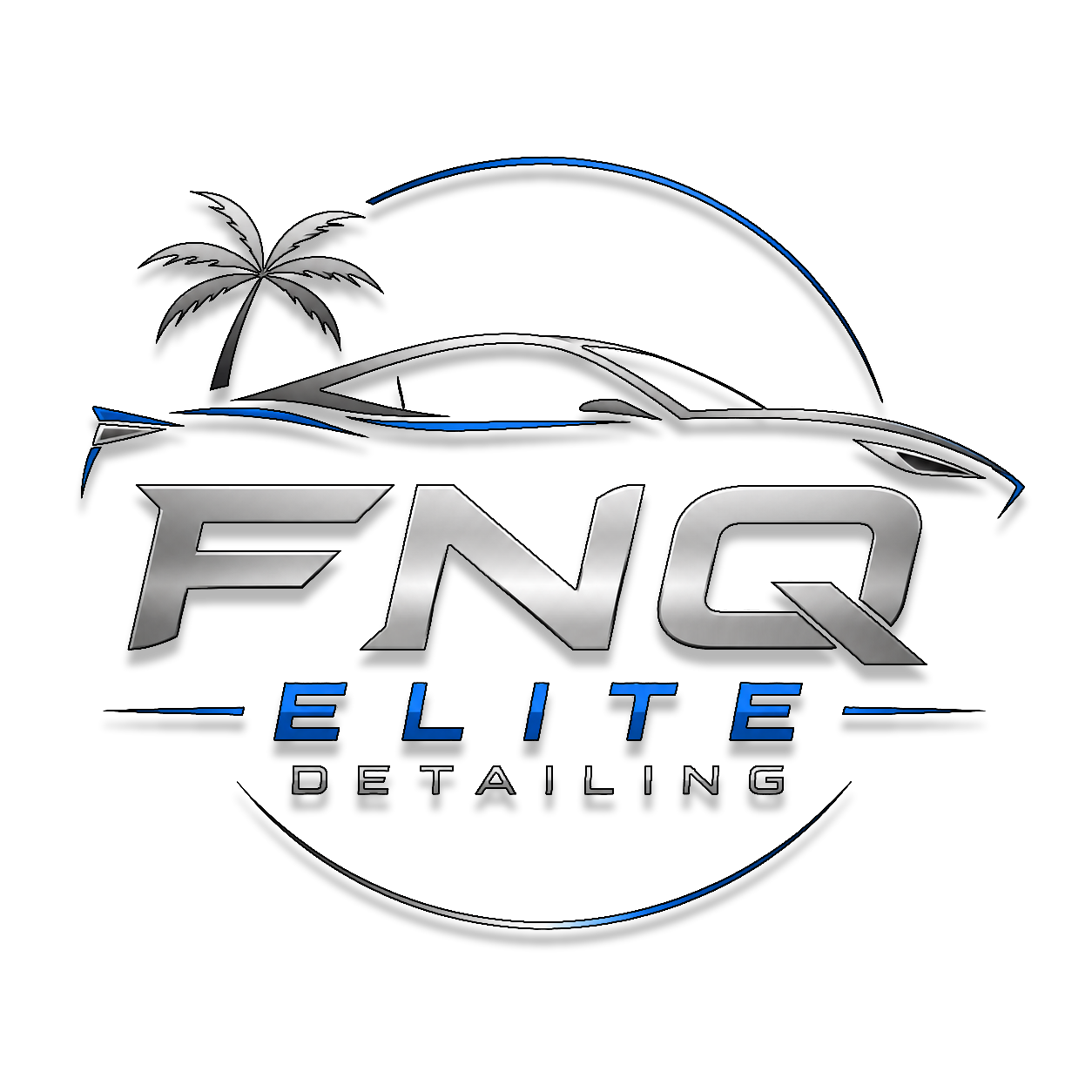 Logo for FNO Elite Detailing featuring a stylized car outline, a palm tree, and a blue arc with silver and blue text.