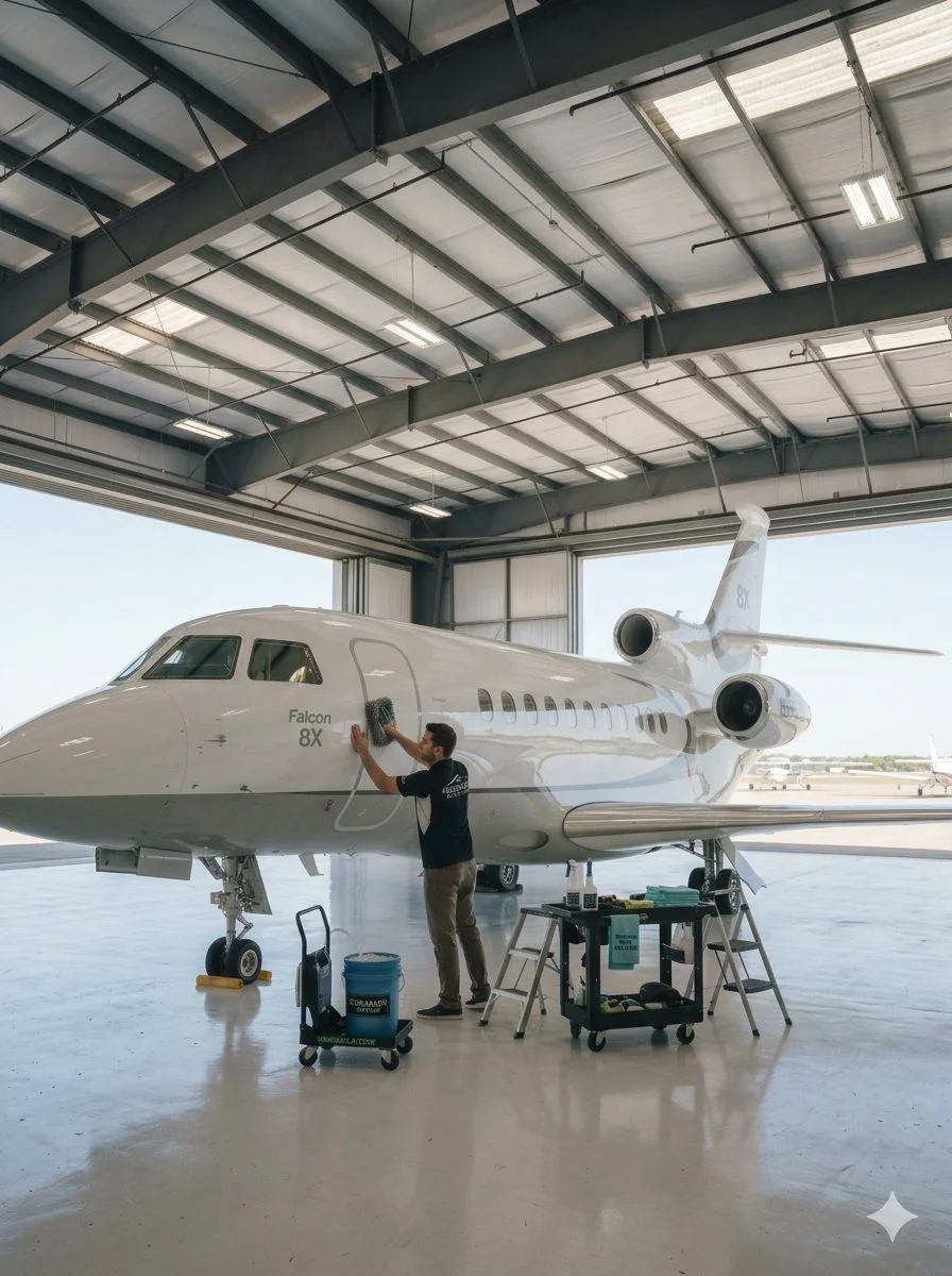 Person cleaning a white private jet airplane inside a hangar.