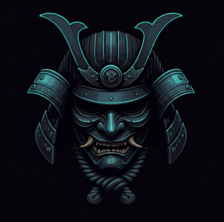 A detailed illustration of a traditional Japanese samurai helmet with an intimidating mask, dark tones, and elaborate armor accents.