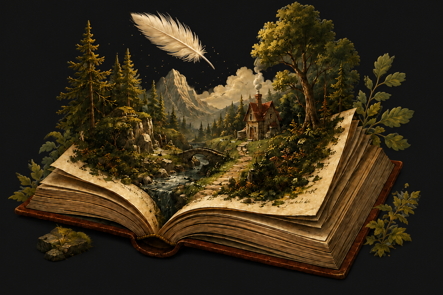 An open book with a detailed, fantasy-style landscape illustration featuring trees, mountains, a river, a small house, and a stone bridge, with a white feather floating above.