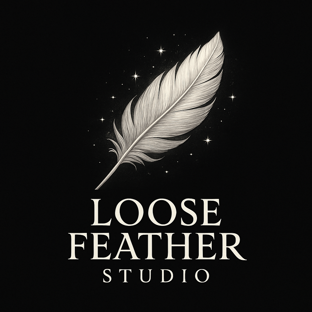 A promotional poster featuring a detailed silver feather with stars around it, and the text