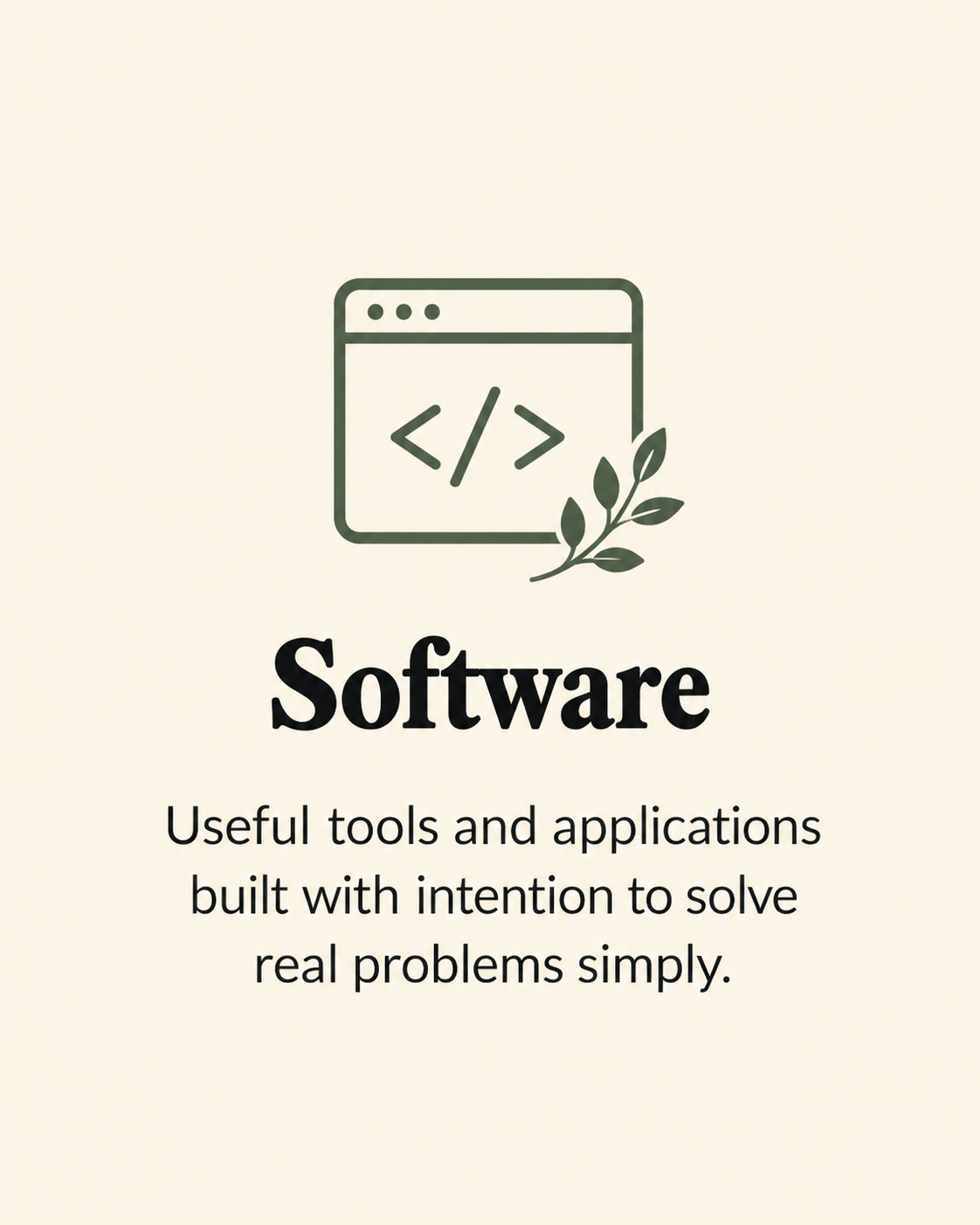 Illustration of a web browser window with coding symbols and a leaf, labeled 'Software' with a description about tools and applications.