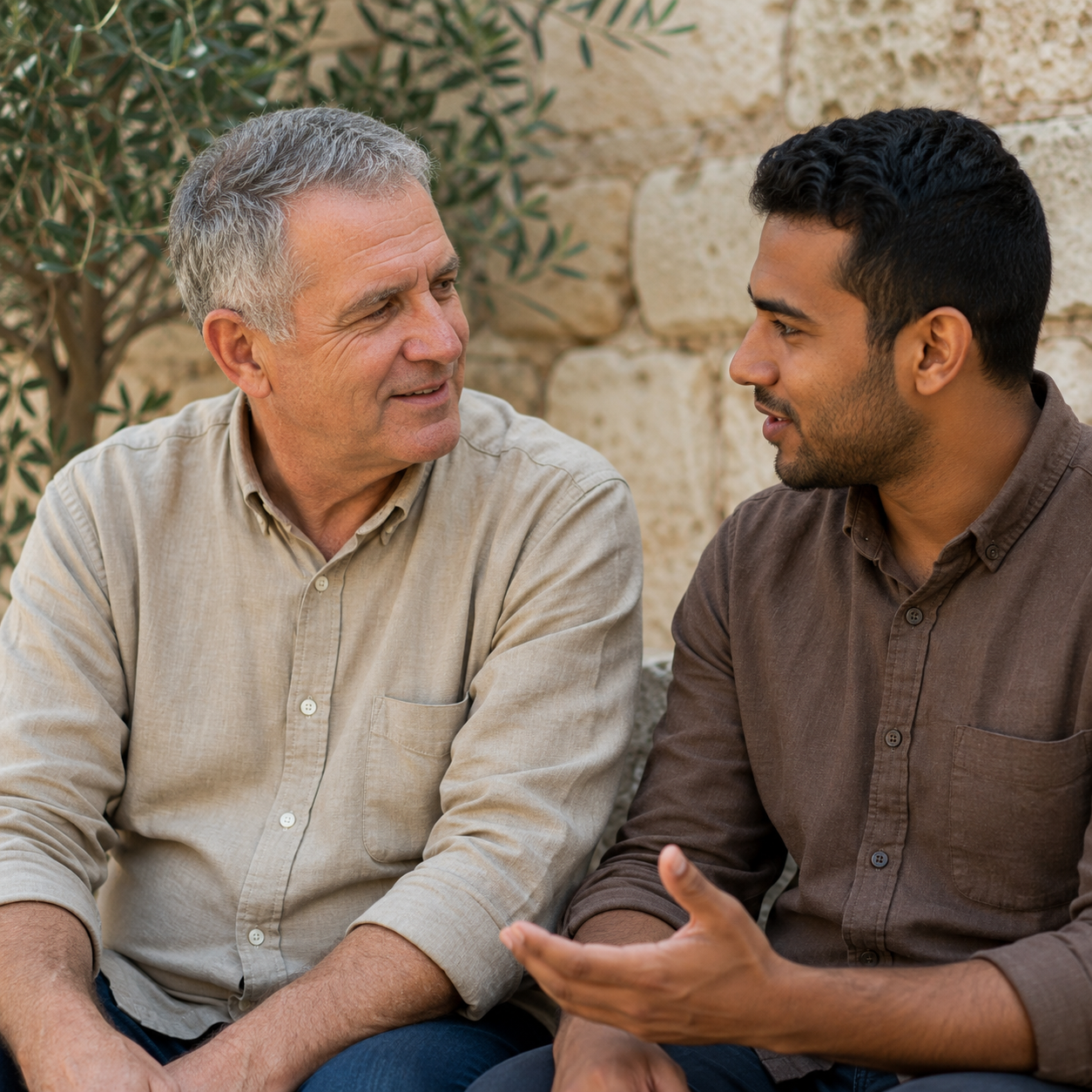 Two friends share a conversation in a stone courtyard.