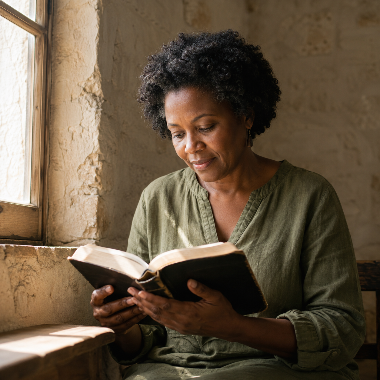 A woman reads an open Bible beside a sunlit window.