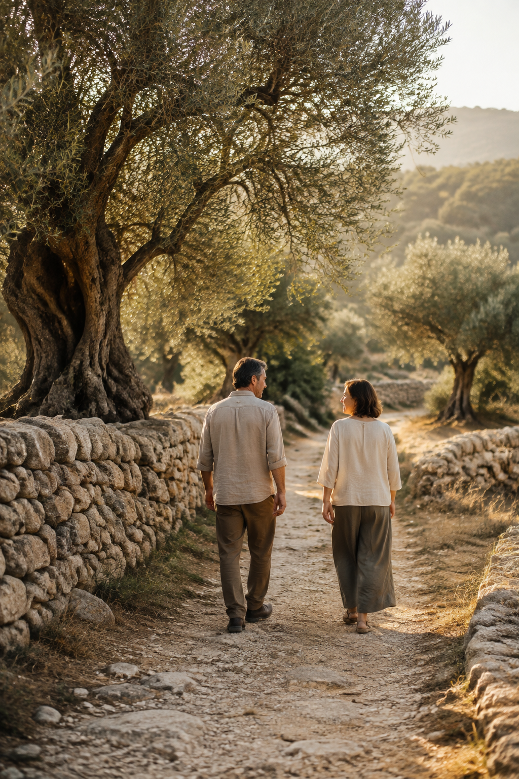 Two adults walk together along a sunlit country path beside stone walls and olive trees.
