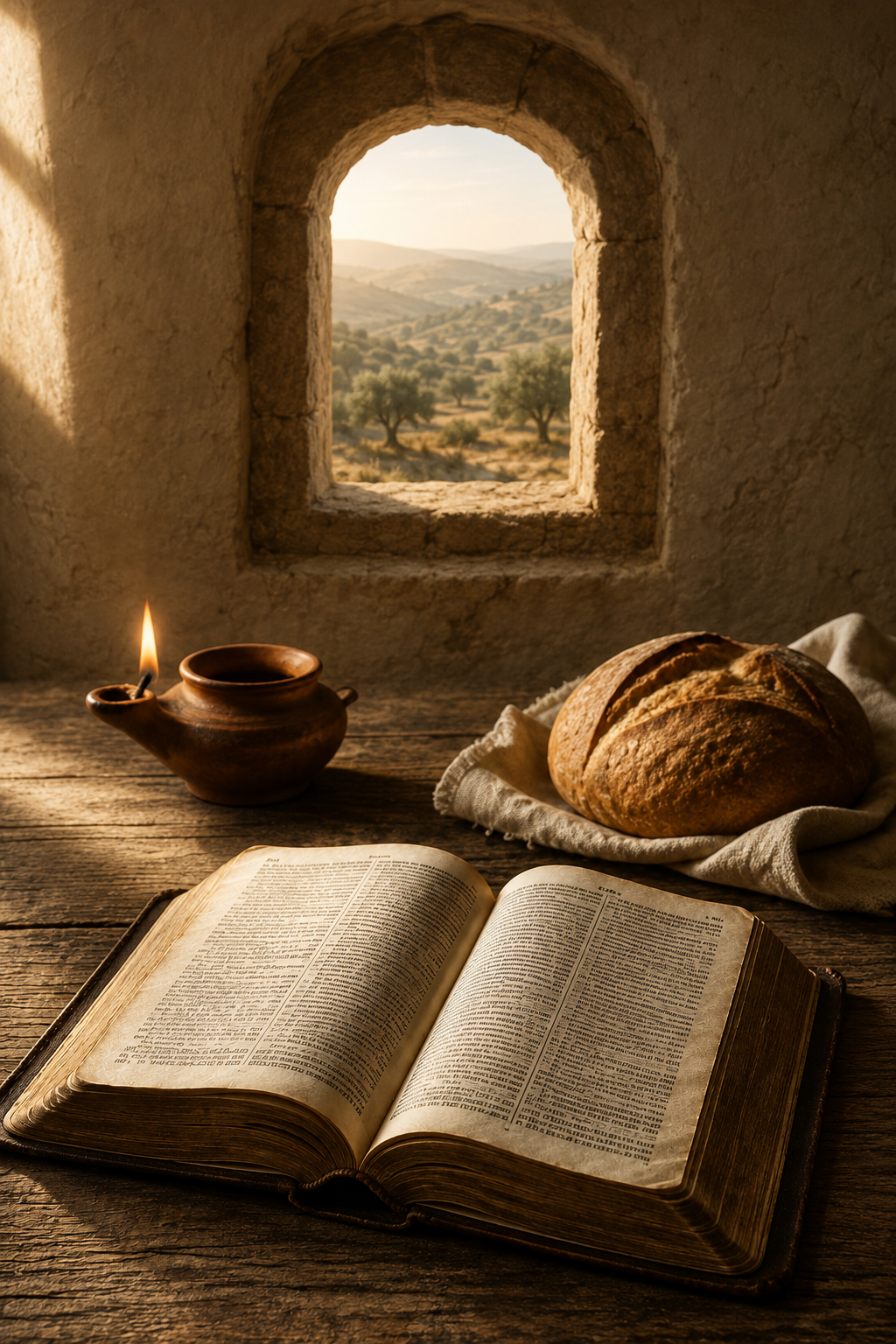 An open Bible, a clay oil lamp, and bread on a wooden table beneath an arched window overlooking sunlit hills.