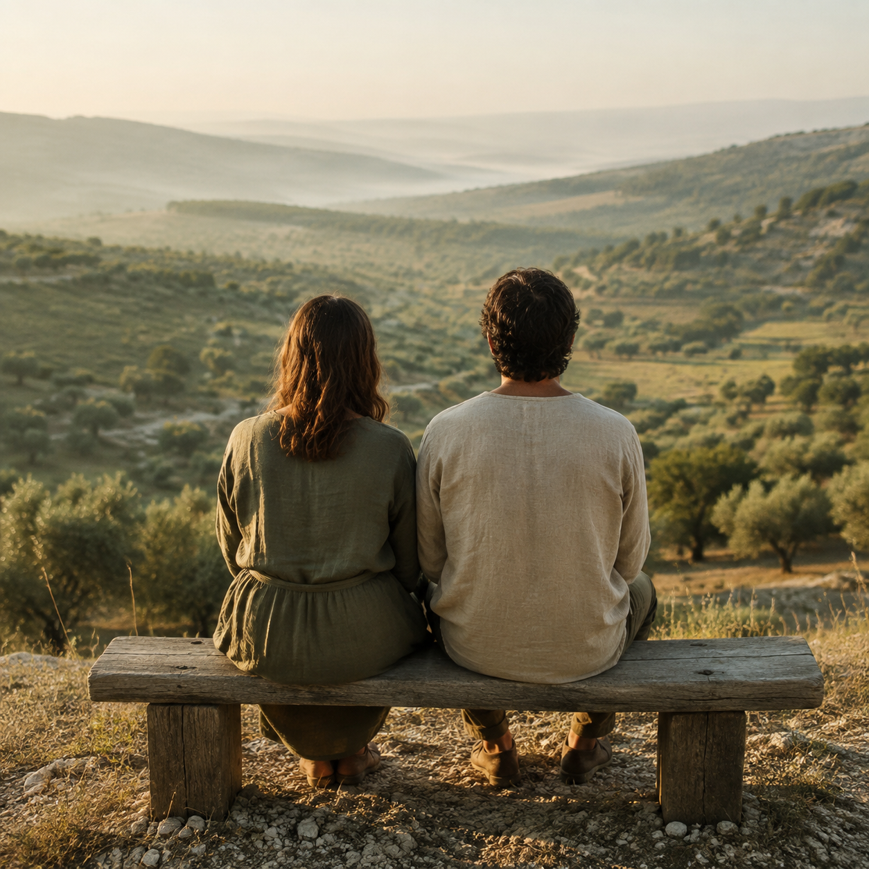 Two people sit on a wooden bench overlooking a peaceful sunlit valley.