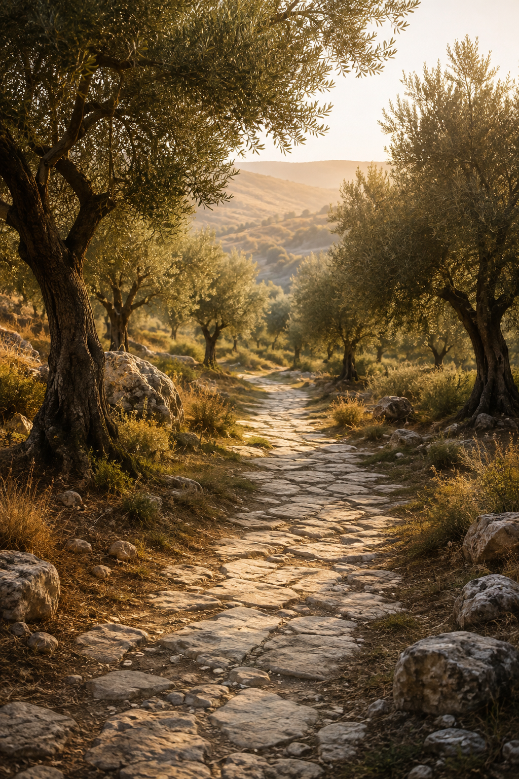 A worn stone path winds through olive trees toward sunlit hills in the morning light.