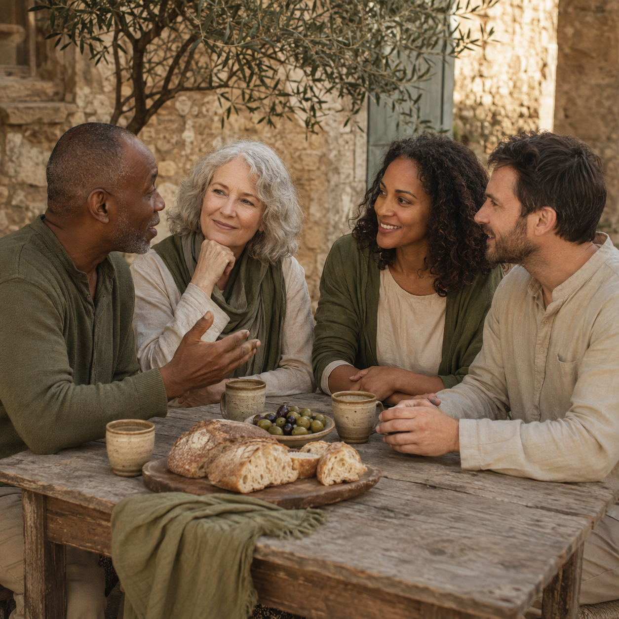 Four friends share a simple meal and conversation in an outdoor courtyard.