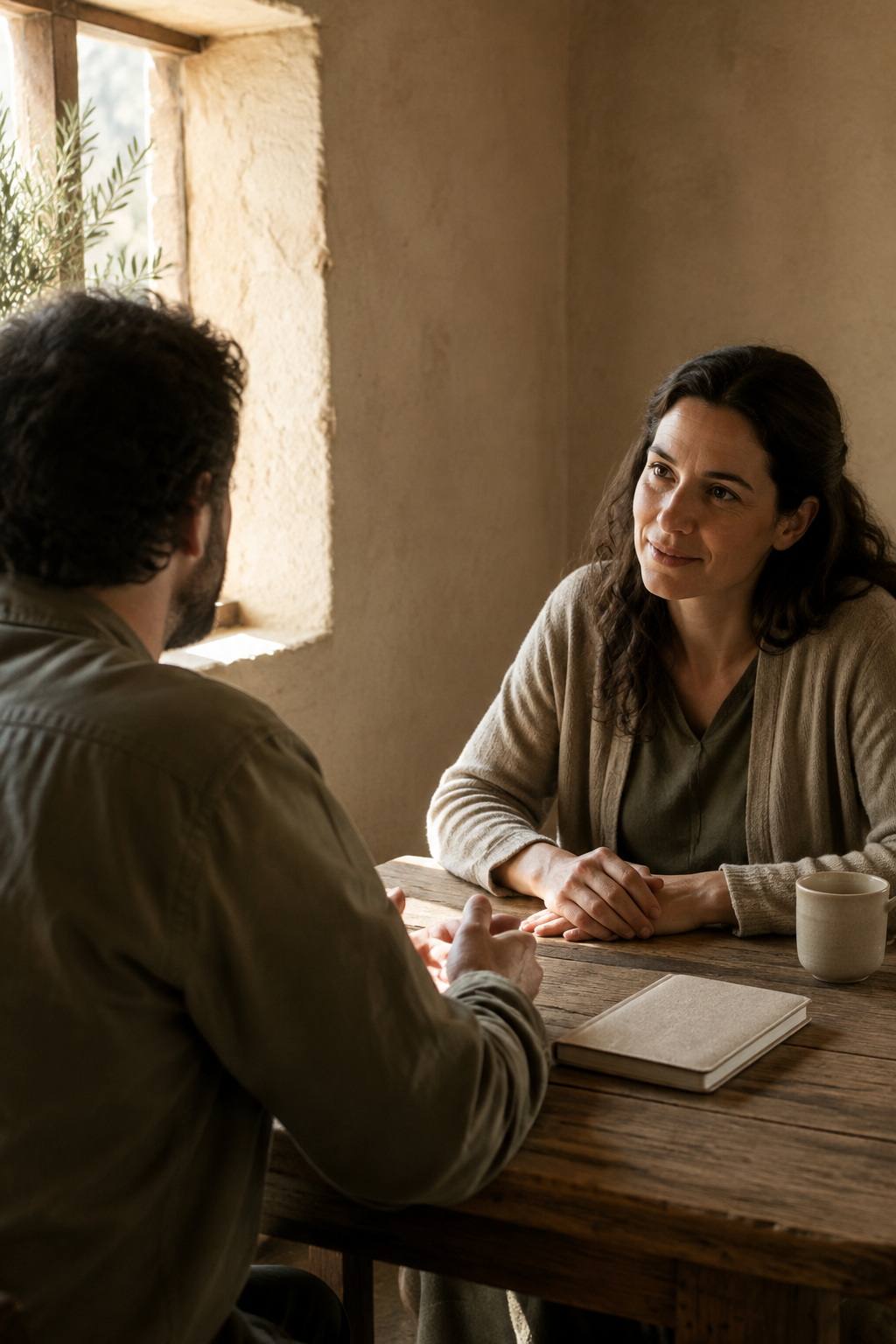Two adults share a quiet conversation at a wooden table beside a sunlit window.