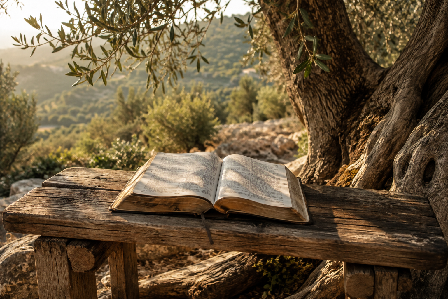 An open Bible rests on a weathered wooden bench beneath an olive tree in warm morning light.