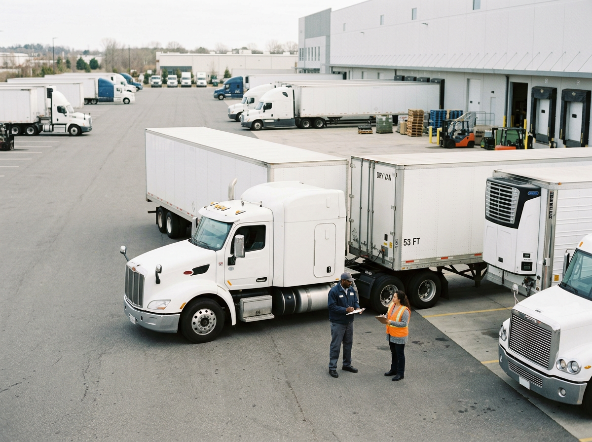 Two warehouse workers, one man and one woman, standing near a white semi-truck with a refrigerated trailer, engaged in conversation at a large distribution center with multiple parked trucks and loading docks.