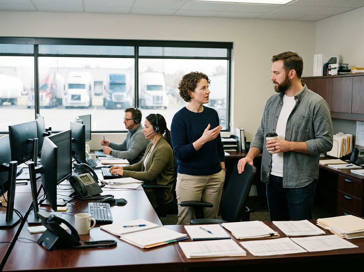 Office scene with four people, two working at desks with computers and headsets, and two standing and talking in the center, one with a coffee cup and the other gesturing with her hand.