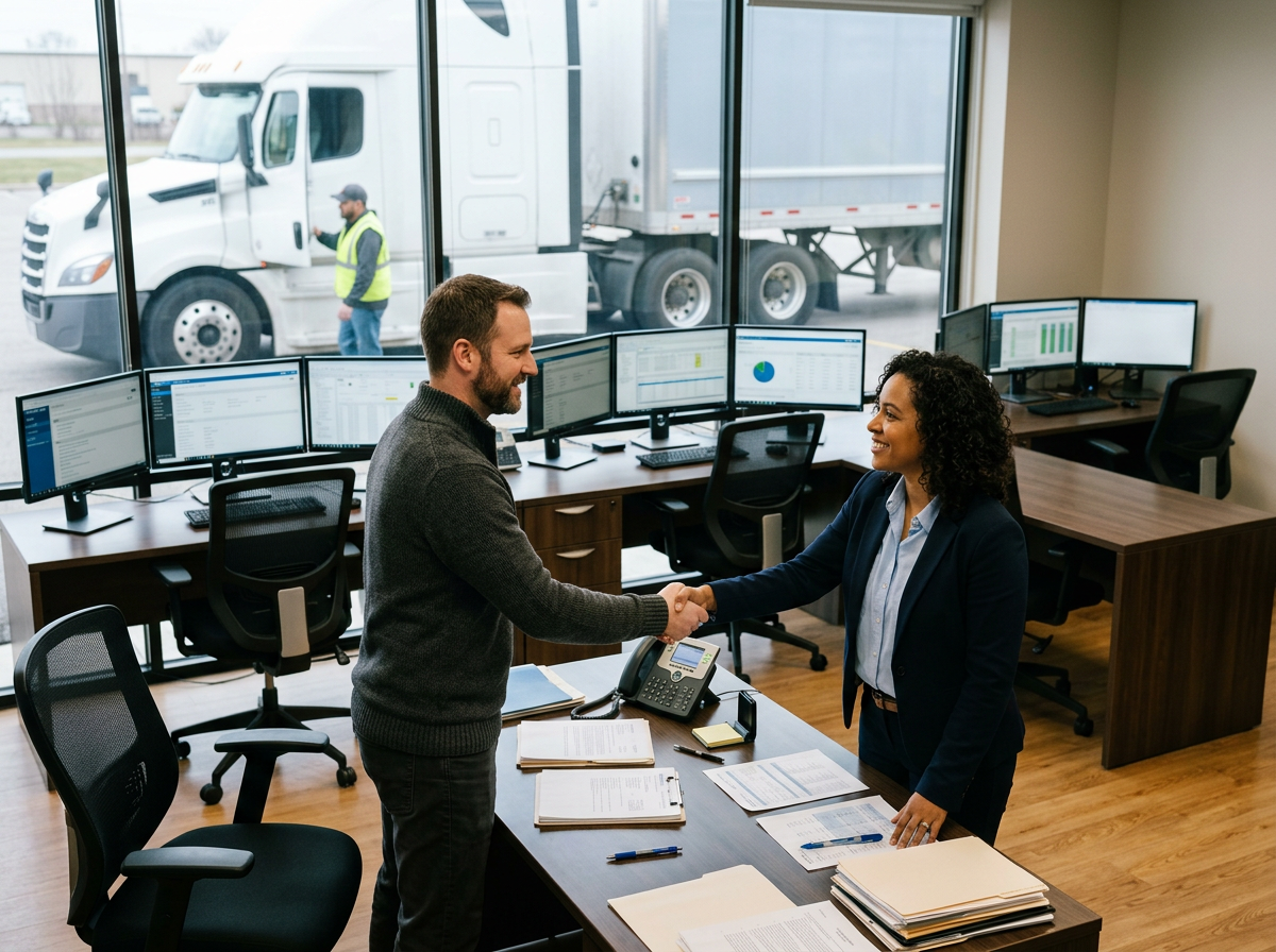 Two professionals shake hands across a desk in an office, with multiple computer monitors displaying data in the background, while a truck driver is seen outside through large window.