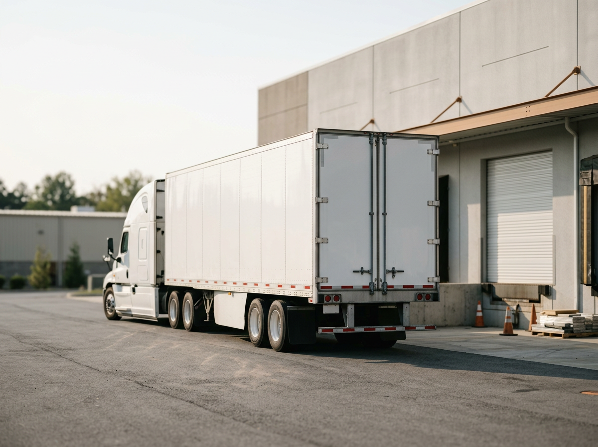 White delivery truck parked outside a warehouse with a roll-up door, on a paved lot with orange safety cones.