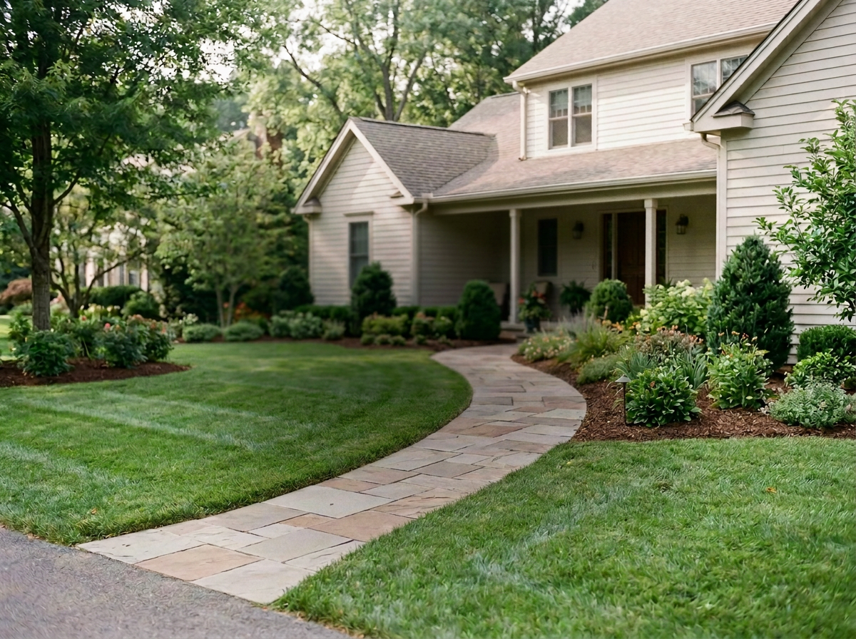 A curved stone pathway leading to the front porch of a white house with beige siding, surrounded by landscaped greenery and trees.