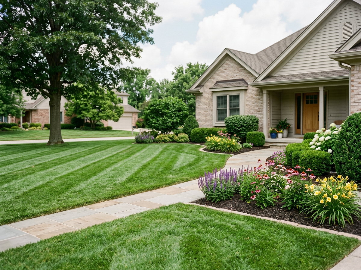 Front yard of a house with a well-maintained lawn, colorful flower beds, and a walkway leading to the front door.
