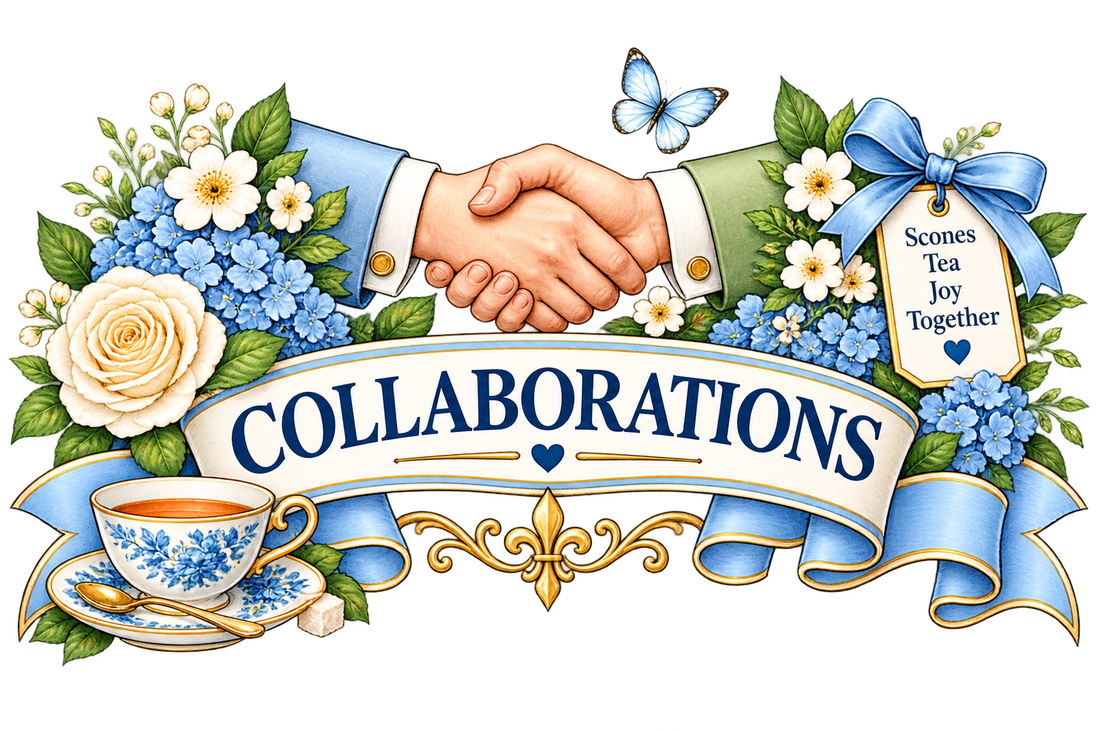 An illustration of two people shaking hands, surrounded by blue and white flowers, with a banner that reads 'Collaborations' in bold blue letters. A tea cup with a blue floral pattern, a gold spoon, and a sugar cube are at the bottom left. A tag with a blue bow on the right side reads 'Scones, Tea, Joy, Together' with a blue heart. The background is softly blurred.