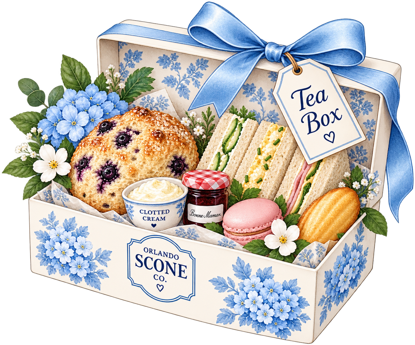 Illustrated Orlando Scone Co. Afternoon Tea Box with ribbon