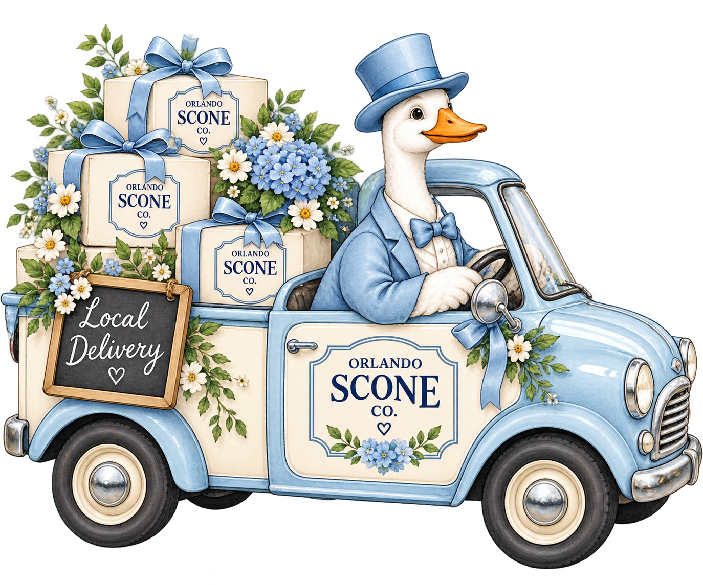 Illustrated delivery van for Orlando Scone Co. local scone delivery in Central Florida