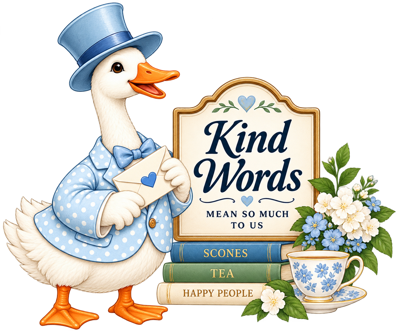 A cartoon goose wearing a blue top hat and a polka dot blue blazer, holding an envelope with a blue heart sticker, standing next to a stack of books labeled 'Scones,' 'Tea,' and 'Happy People,' a teacup, and a bouquet of white and blue flowers. There is a sign that reads 'Kind Words mean so much to us' with decorative hearts and leaves.