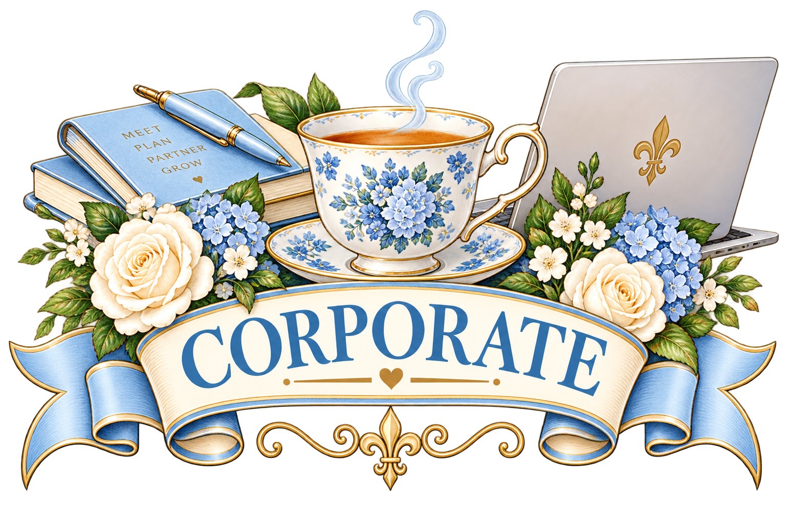 A decorative image with a large blue and white floral teacup filled with hot beverage, surrounded by white and blue flowers, a silver laptop with a gold fleur-de-lis emblem, a stack of notebooks with an inspirational quote, and a blue ribbon banner with the word 'CORPORATE' in bold blue letters.