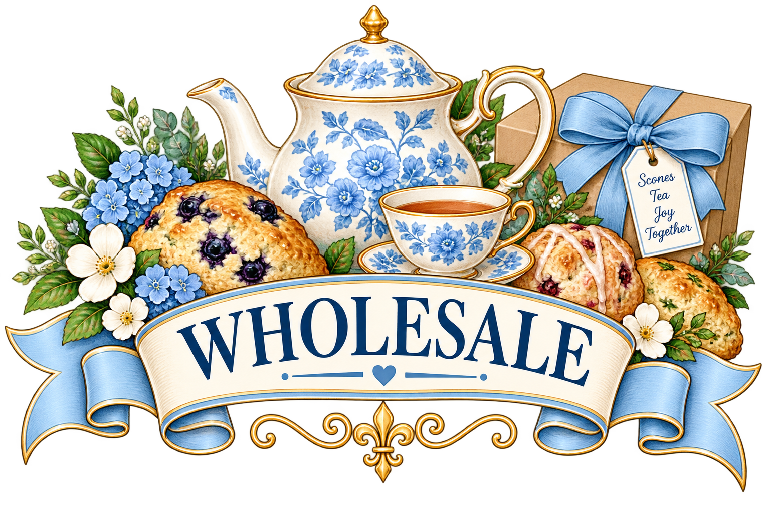 A decorative illustration featuring a blue and white floral teapot, a teacup filled with tea, scones with berries, and a box with a blue ribbon and a tag that reads "Scones Tea Joy Together," surrounded by white and blue flowers with green leaves, and a ribbon banner with the words "WHOLESALE".
