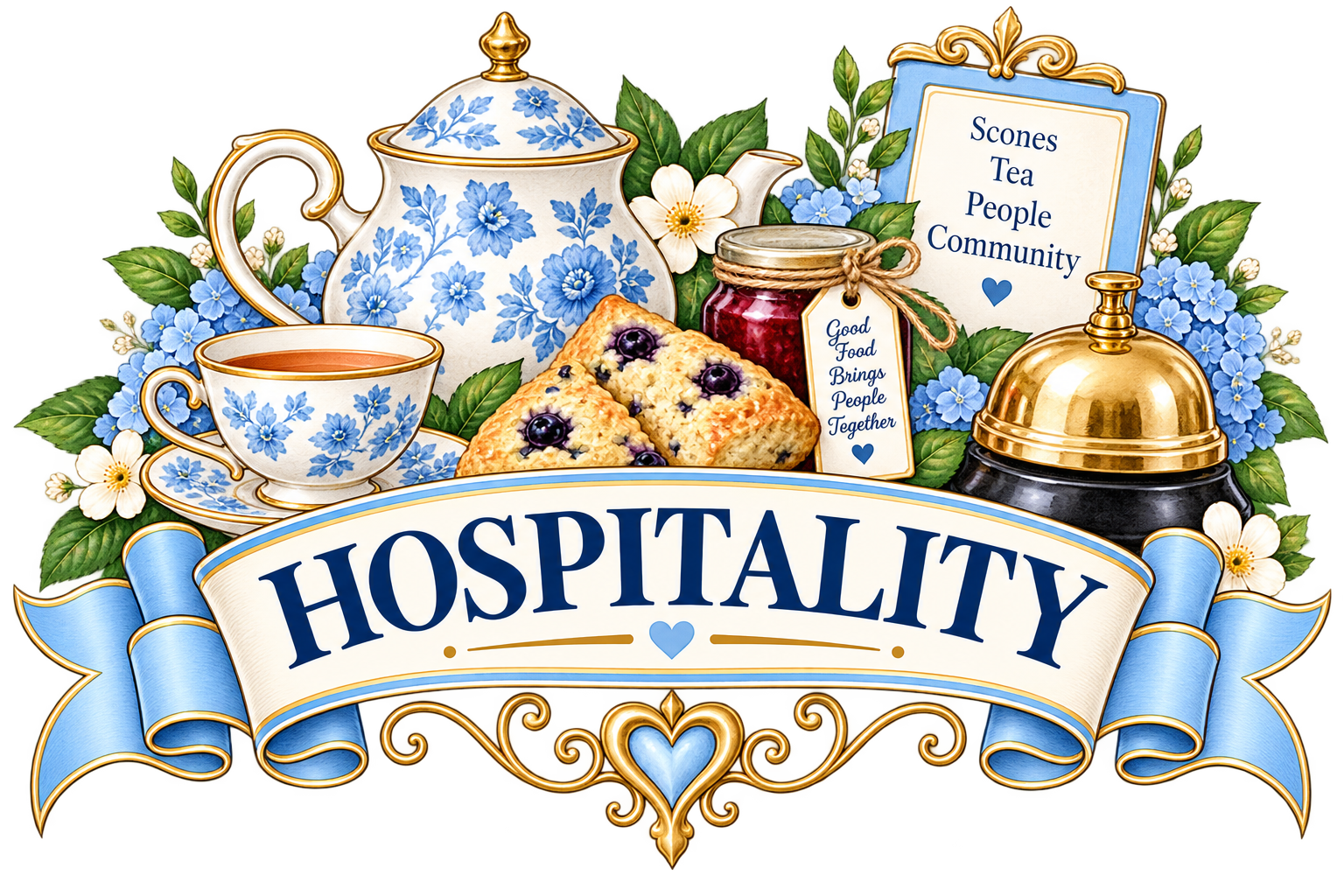 Decorative illustration featuring tea set with blue floral patterns, blueberry scones, jam, and a sign with words 'Scones, Tea, People, Community' surrounded by blue flowers and green leaves, with a banner reading 'HOSPITALITY' in bold blue letters.