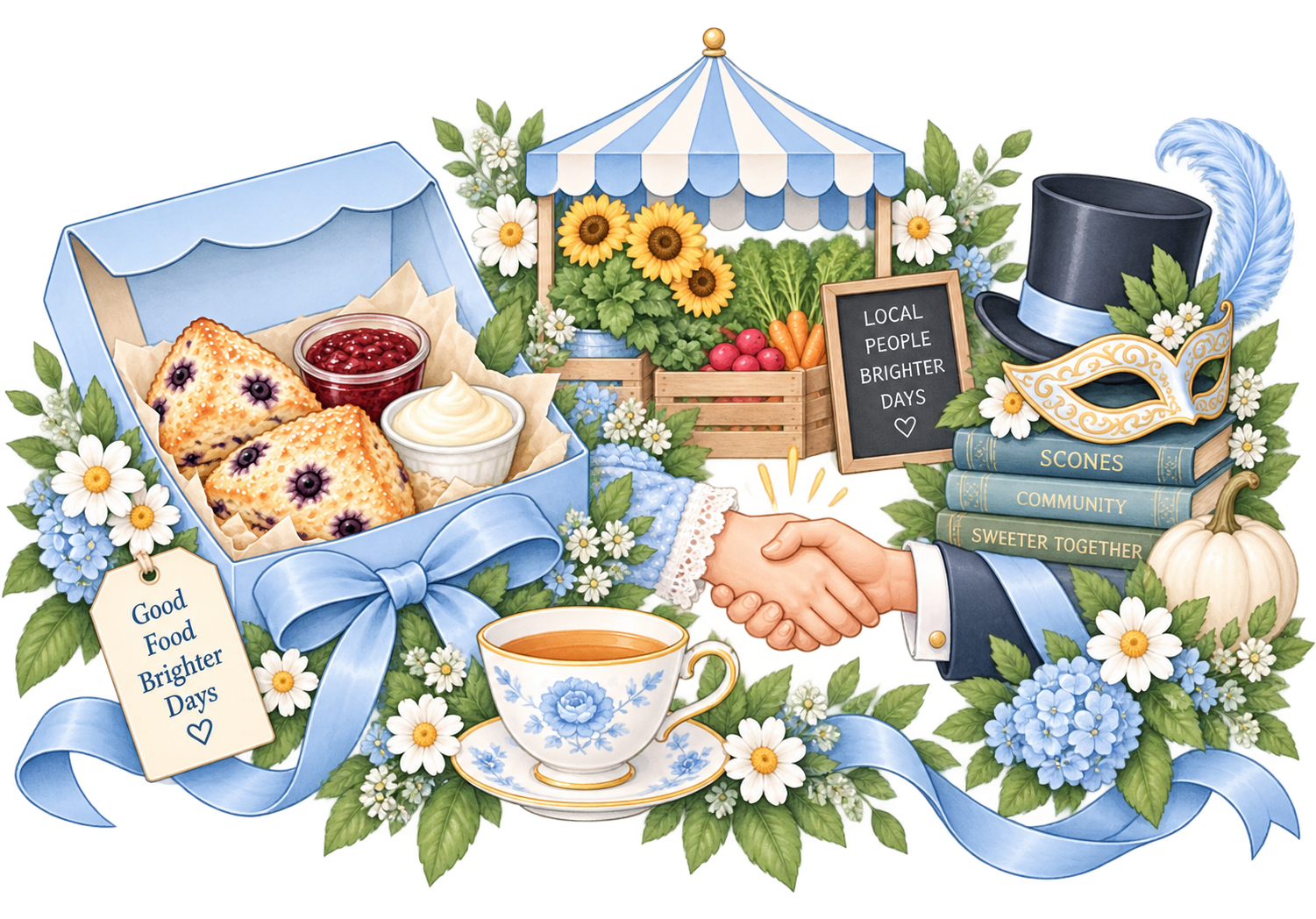 A decorative illustration featuring a handshake surrounded by flowers, a tea cup, a gift box with scones and preserves, a small farm stand with vegetables, and books with titles about community and unity, all in a bright, cheerful theme celebrating good food and community.