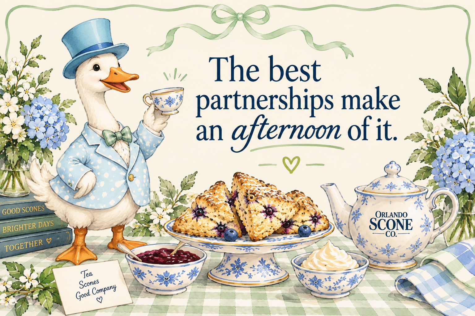 Lord Alfred, the Orlando Scone Co. goose mascot, in a blue polka-dot jacket and top hat holding a teacup, surrounded by scones, jam, cream, a floral teapot and blue hydrangeas, with the words The best partnerships make an afternoon of it