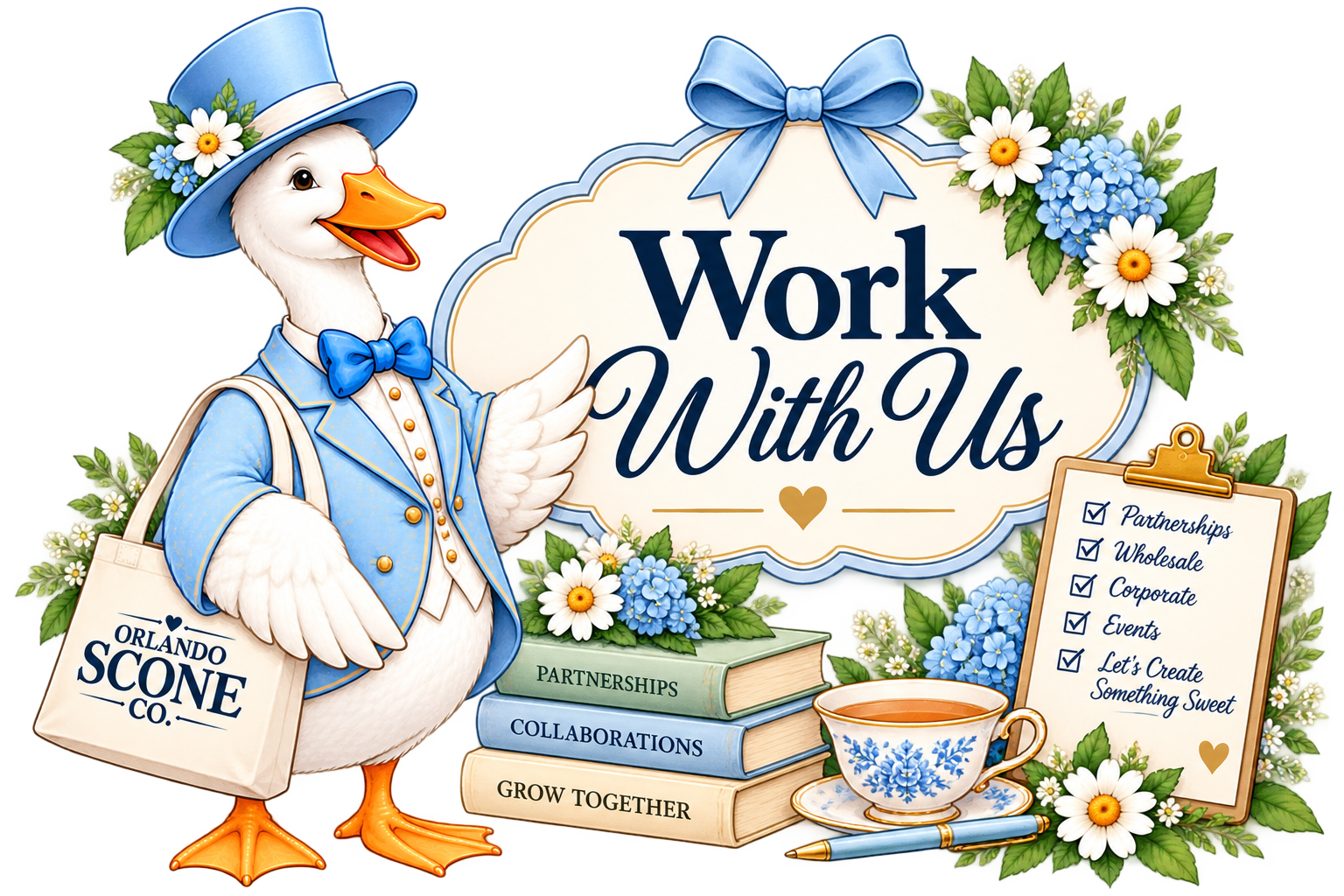 A cartoon goose dressed in a blue suit, hat, and bow tie, holding a tote bag with 'Orlando Scone Co.' written on it, standing next to a stack of books labeled 'Partnerships,' 'Collaborations,' and 'Grow Together,' along with a teacup, a pen, and a clipboard with a checklist. The scene is decorated with flowers and a sign that reads 'Work With Us' in bold font.