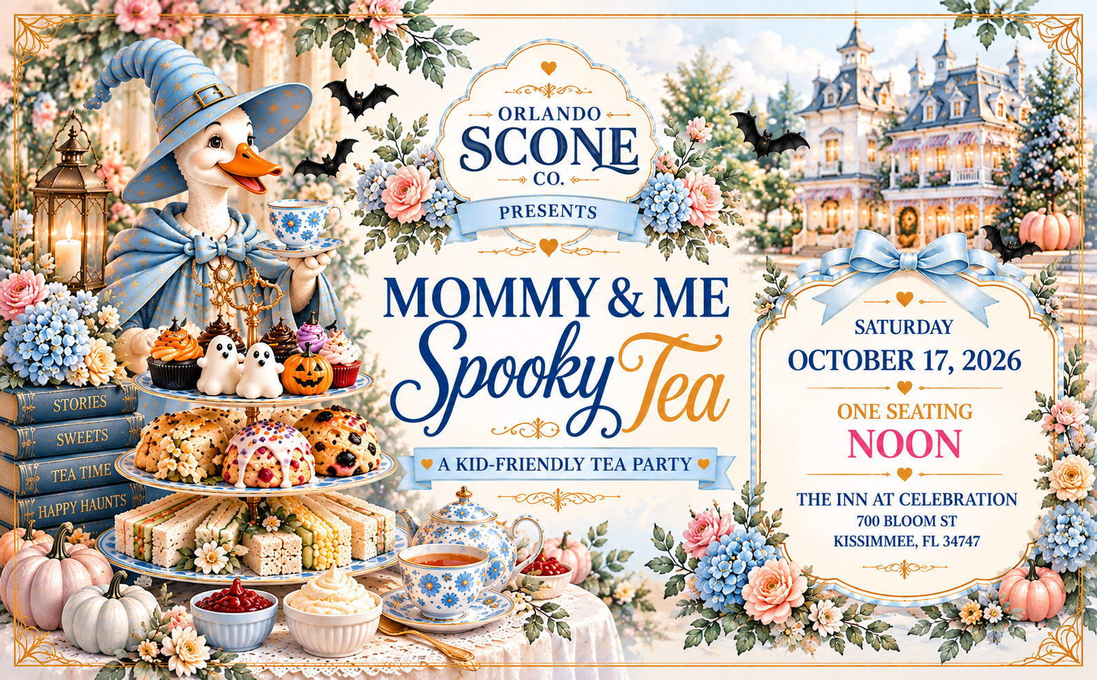 Invitation for a kid-friendly tea party titled Mommy & Me Spooky Tea, hosted by Orlando Scone Co. on Saturday, October 17, 2026, at noon at The Inn at Celebration, Kissimmee, FL. The invitation features a cute duck dressed as a witch holding a teacup, surrounded by Halloween-themed treats, pumpkins, and floral decorations, with a large haunted house in the background.