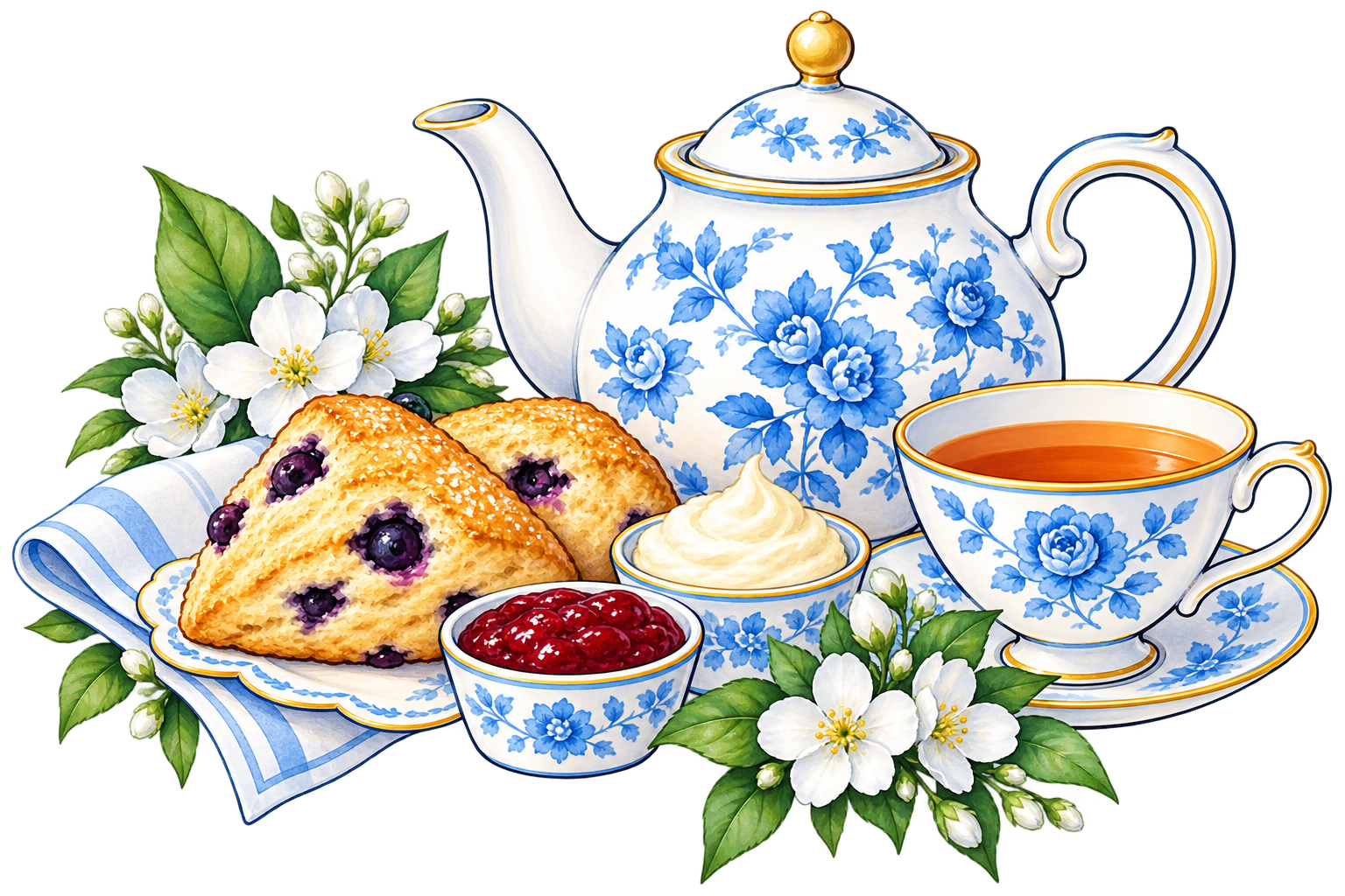 Blue and white floral tea set with teapot, cup of tea, scone with blueberries, jam, whipped cream, and white flowers with green leaves on a table.