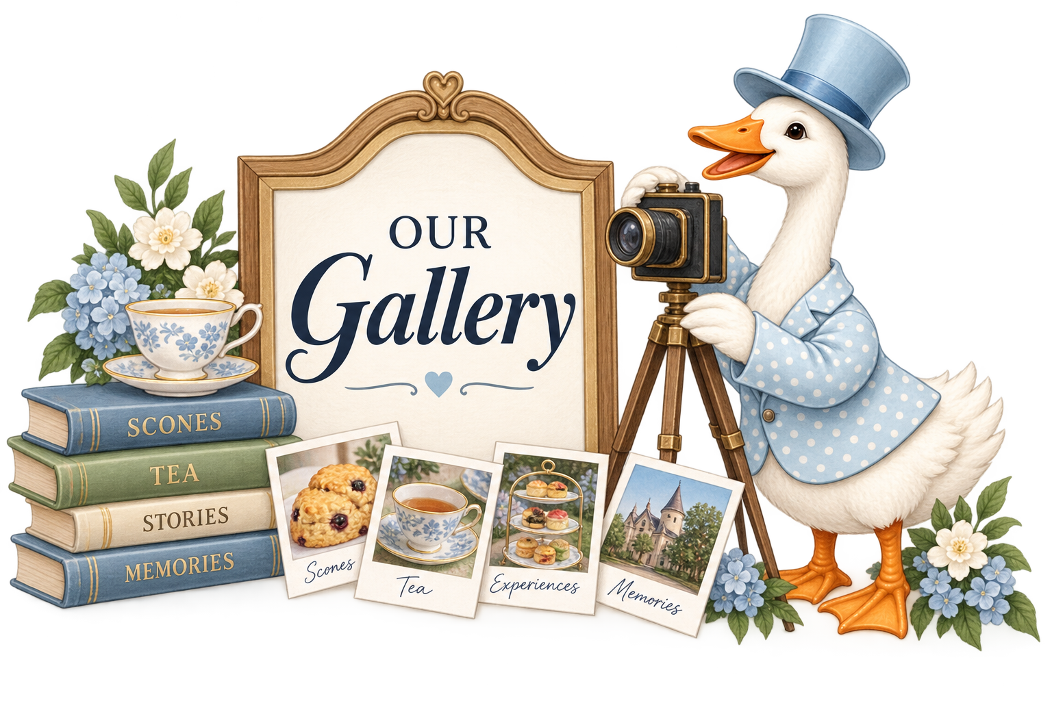 A decorative display with a sign reading "Our Gallery," a stack of books labeled "Scones," "Tea," "Stories," and "Memories," a polaroid photo of cookies labeled "Scones," a teacup filled with tea labeled "Tea," a three-tier tray of assorted cookies labeled "Experiences," and a photo of a church labeled "Memories." A goose dressed in a blue polka dot jacket and top hat is taking a picture with a vintage camera on a tripod, surrounded by white and blue flowers.