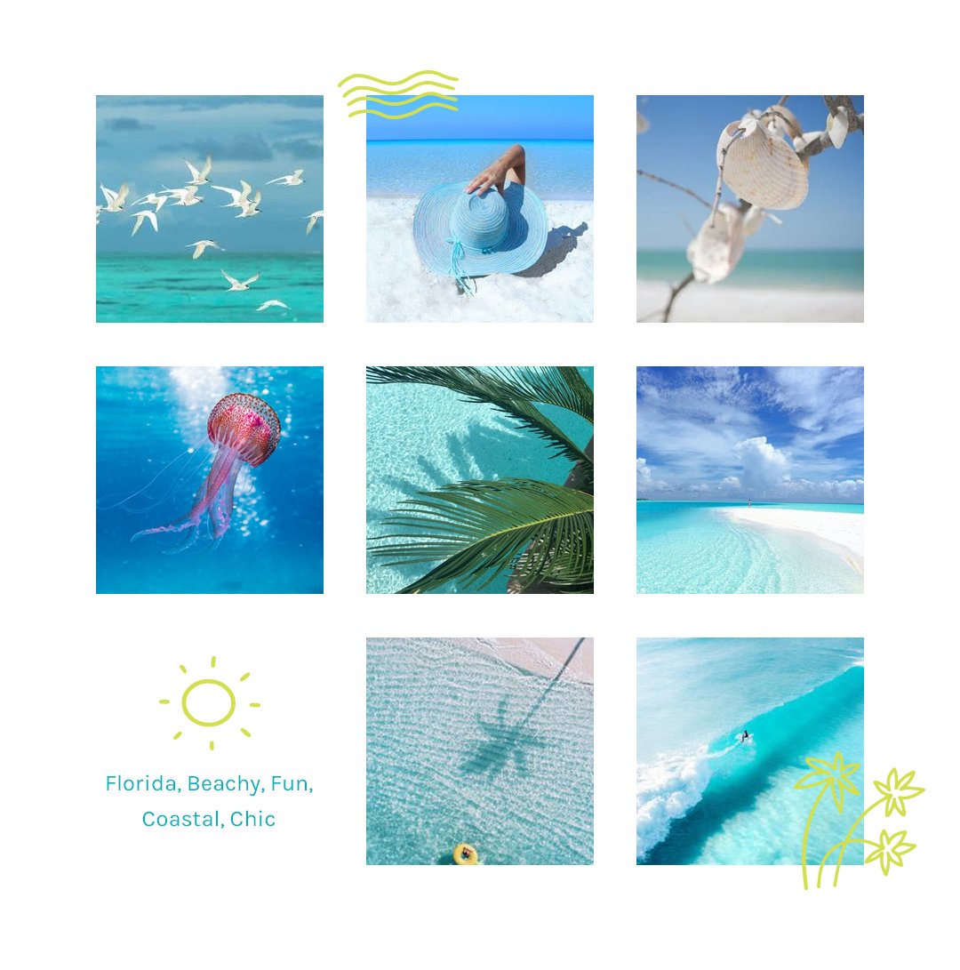 Brand moodboard showing images of beaches, sand, and palm tree. Fun, coastal, and relaxed