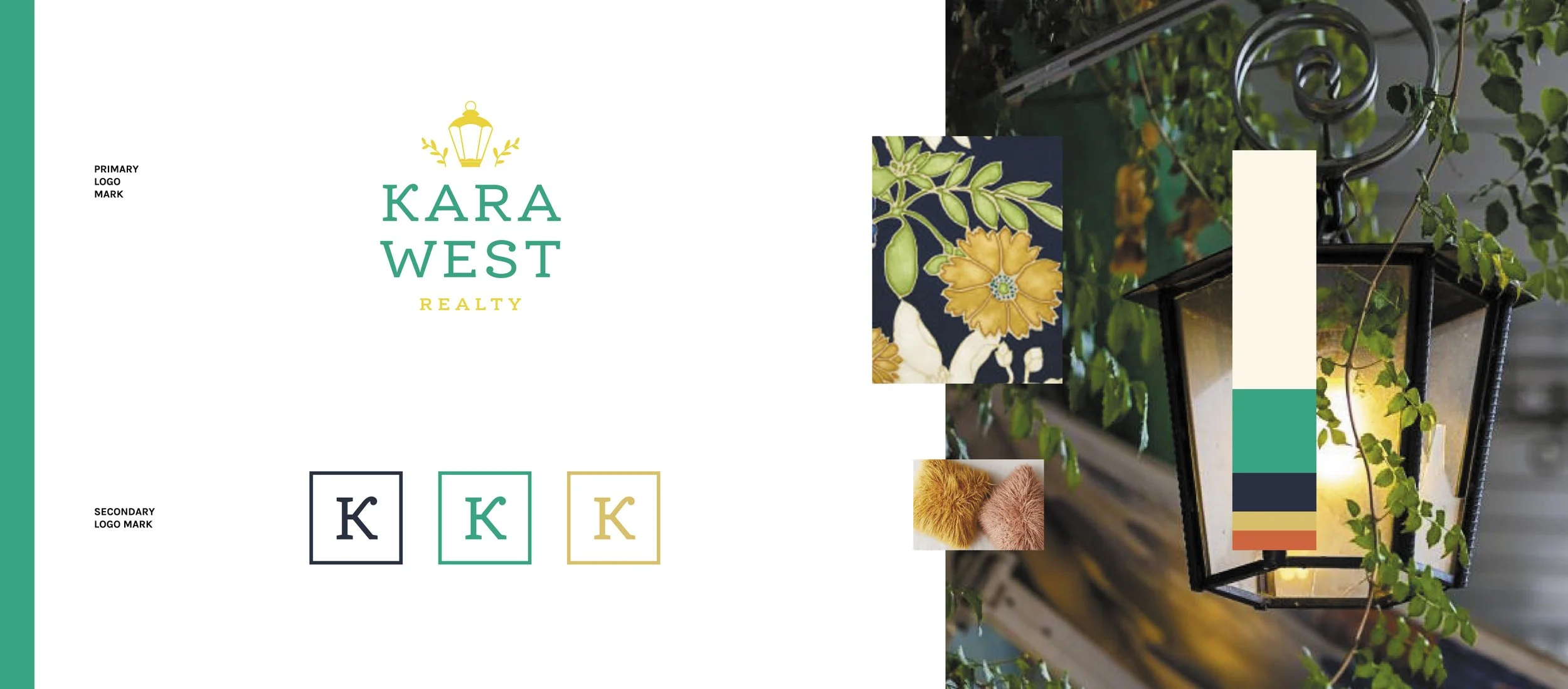 Logo and brand design for Kara West Realty. Front porch light with leaves around it.